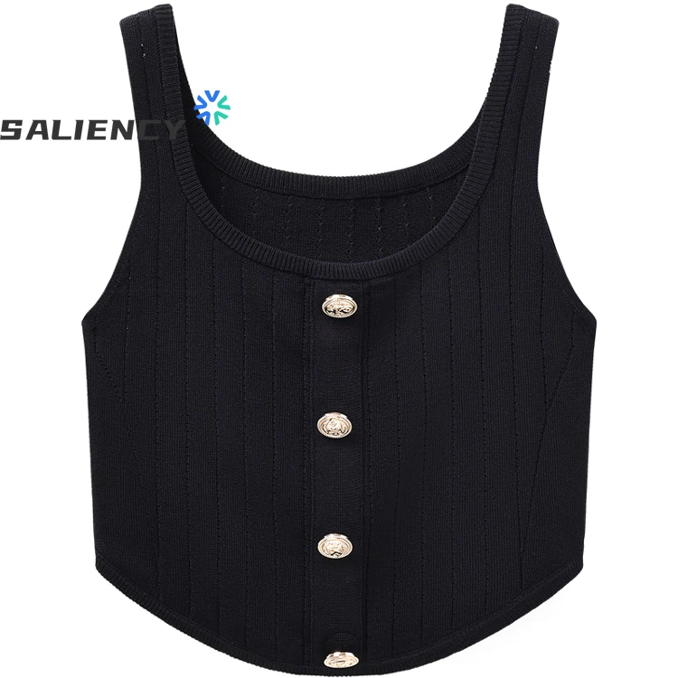 SALIENCY Metal Buckle Knit Sleeveless Camisole Female U-neck Sexy Slim Elastic Top