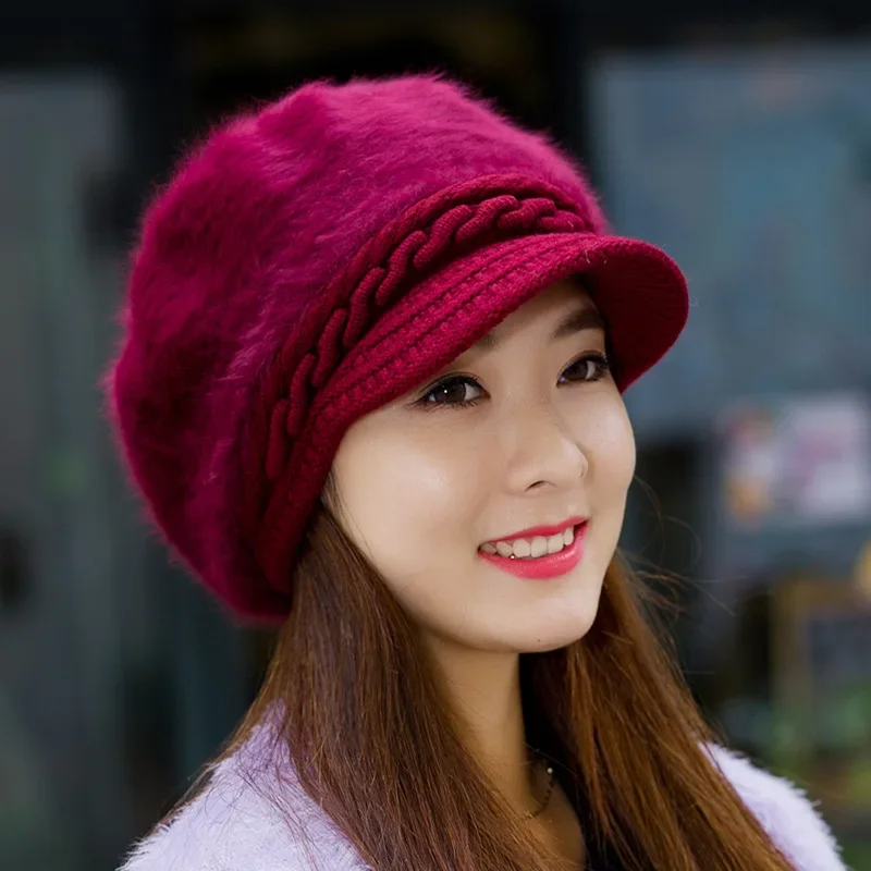 Women Winter Beret Hats Thick Knitted Rabbit Fur Caps Wool Knitted Female Berets Warm Cap Skullies Cabbie Beanies Hats