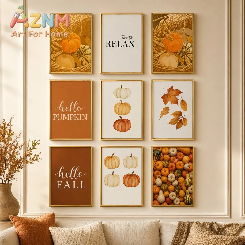 Fall Pumpkin Canvas Wall Art Maple Leaf Harvest Print Poster Farmhouse Decor Painting for Entryway Living Room Thanksgiving Gift