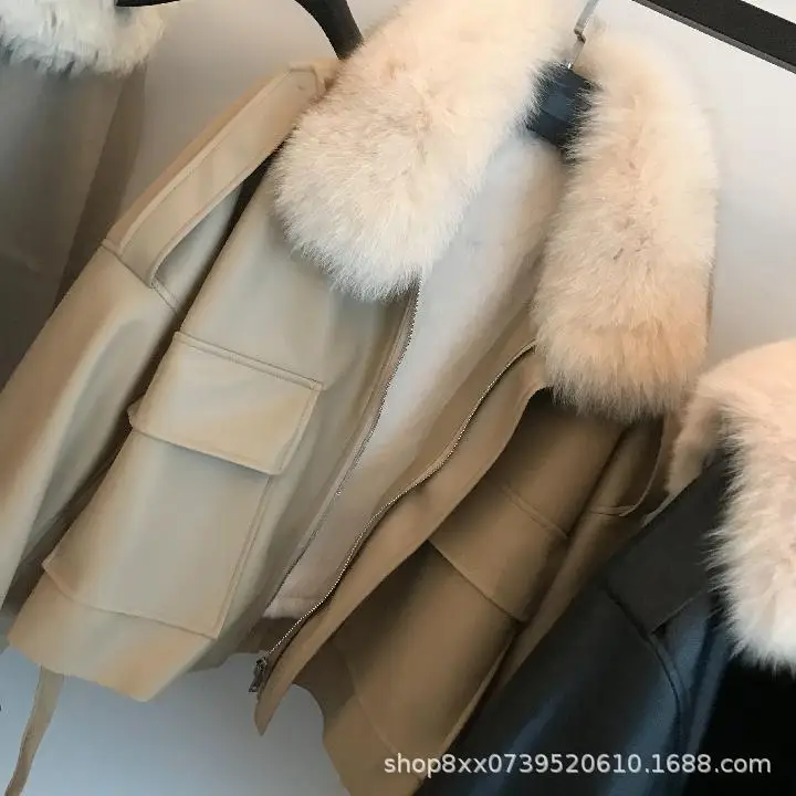Women Faux Leather Coats Solid Short Jackets Zipper Pocket Fur Turn Down Collar Long Sleeves Loose Fit Casual 2025 Autumn Winter