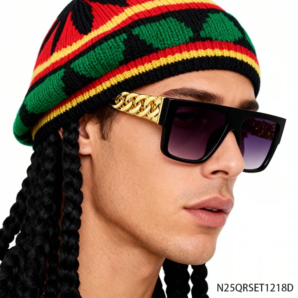 PESENAR 90s Retro Rastafarian Disco Set - Knit Hat with Braids, Gold Square Sunglasses