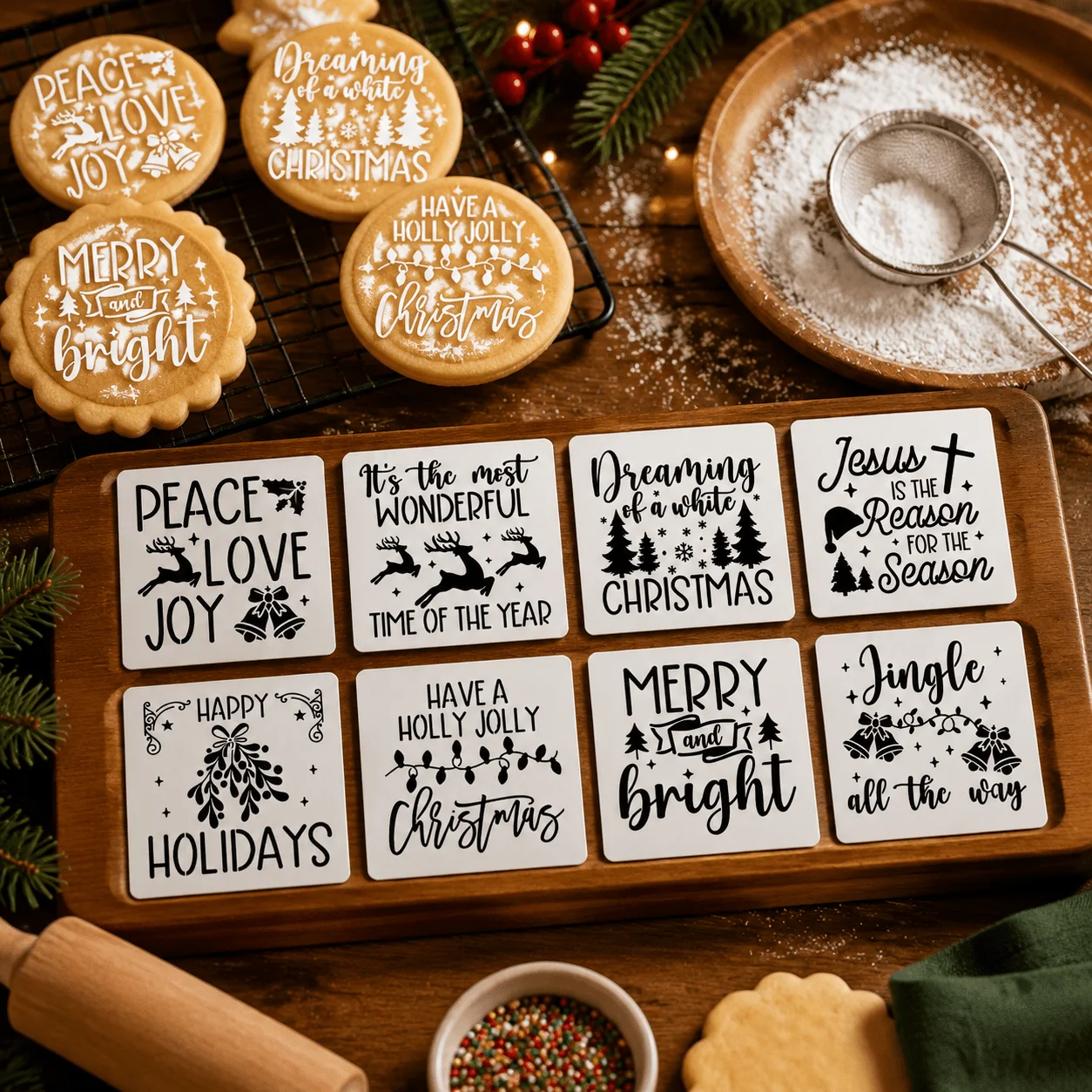 Food‑Grade PET 8Pcs Christmas Cake Stencil Set, Santa Hat Holly & Berries, Reusable Template for Cake Cookie Fondant Decor