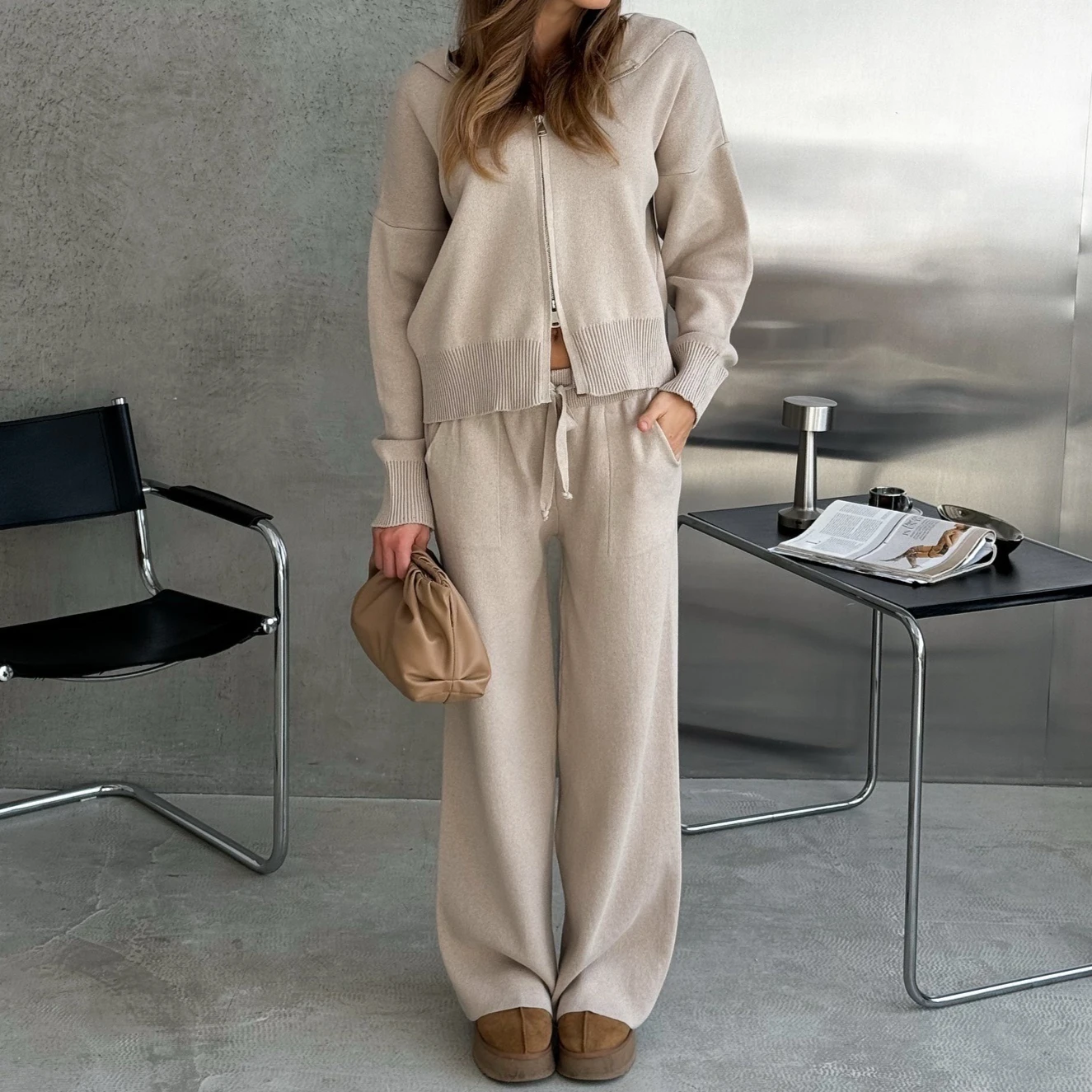 Pant Set Women Two Piece Sets Jogger Tracksuit Hooded Zipper Coats Wide Leg Long Pants Elastic Waist Y2k Streetwear Elegant