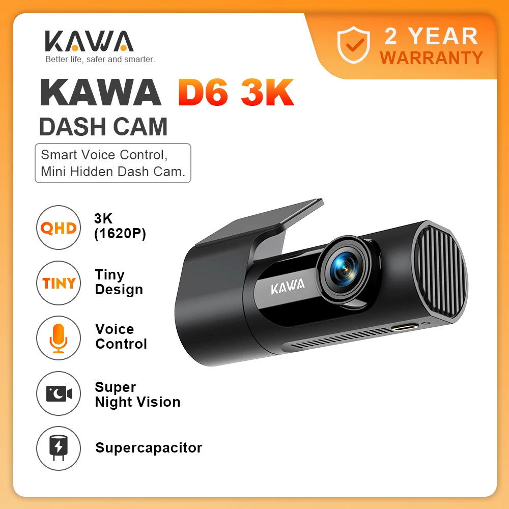 KAWA Dash Cam D6 3K Upgrade Night Vision 24/7 Parking Monitoring Supercapacitor Emergency Recording Car DVR Voice Control