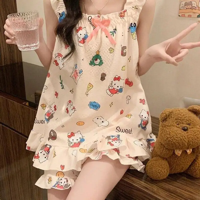 

Sanrio Hello Kitty Sexy Pajamas Y2K Kawaii Cartoon Summer Sleepwear Sleeveless Shorts Pyjamas Suspenders Nightie Home Dress