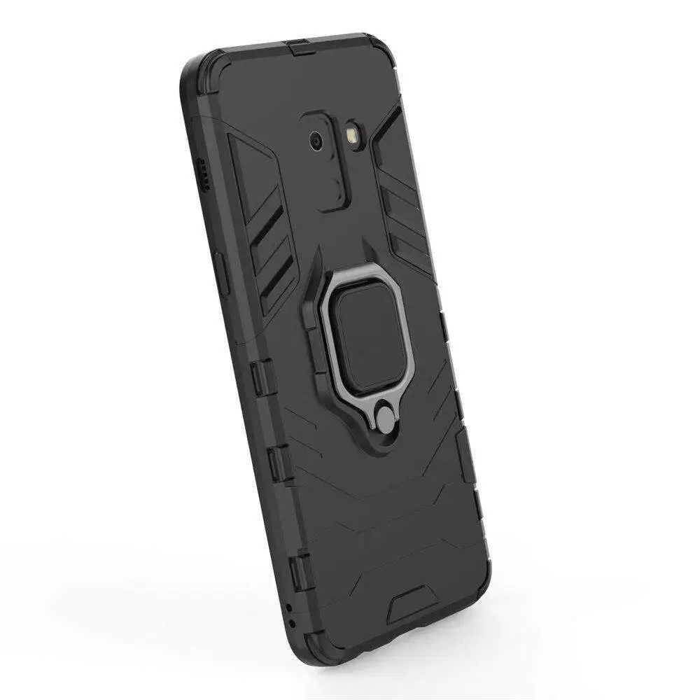 For Samsung Galaxy A8 2018 Phone Case, Silicone TPU and Hard PC Luxury Armor Shockproof Metal Ring Holder Cover Casing