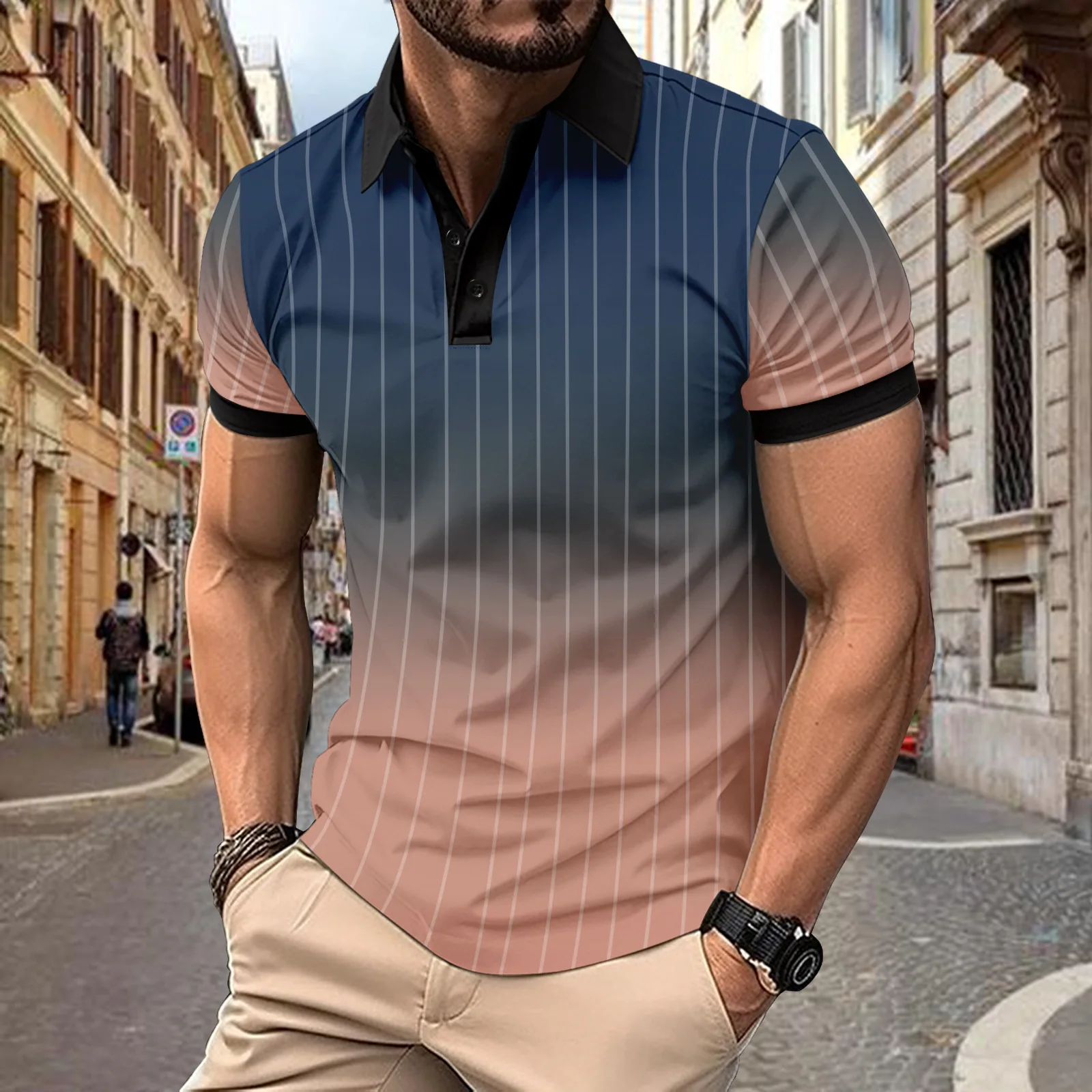 Summer 2024 casual POLO print striped lapel T-shirt for men