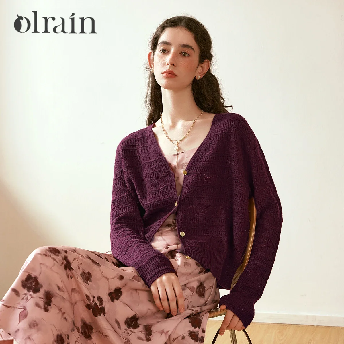 OLrain Women Knit Cardigan 2026 Fall French V Neck Hollow Out Burgundy Long Sleeve Ladies Knitted Sweater Casual Tops N56QZ95017