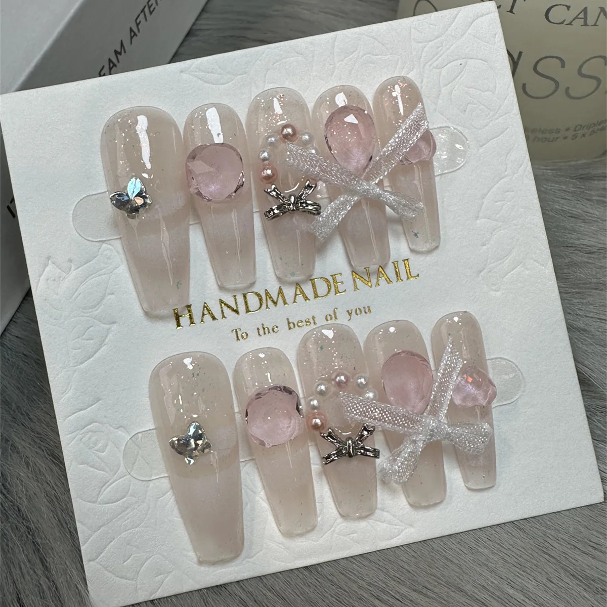 

10Pcs Handmade Press on Nails Long Ballet Fake Nails with 3D Rhinestone Design False Nails Full Cover Nail Tips for Daily,Summer