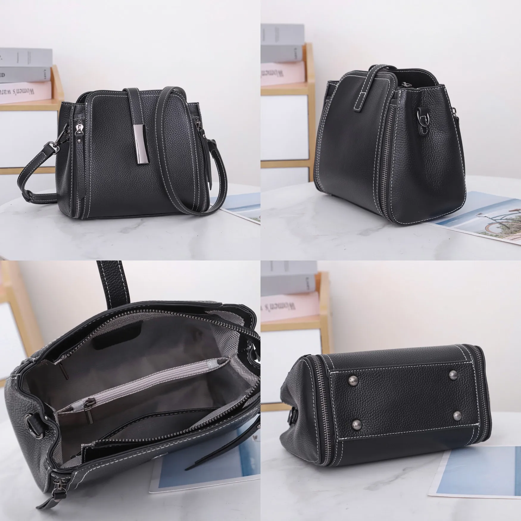 Top Layer Cow Leather 2024 New Versatile Fashion Women's Handbag High Quality Shoulder Bag Lady Commuting Crossbody Bucket Bag