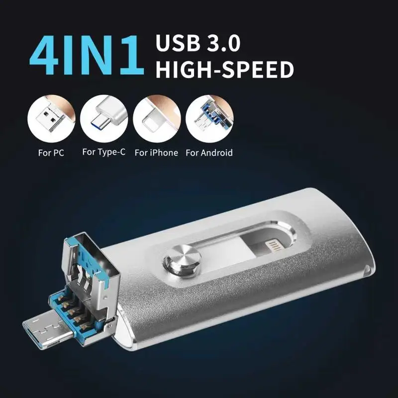 

USB 3.0 Flash Drive For iPhone & Type-C & Android & PC, 4 in 1 Ultra-Fast Memory Stick 64GB-1TB,Photo Stick PenDrive Thumb Drive