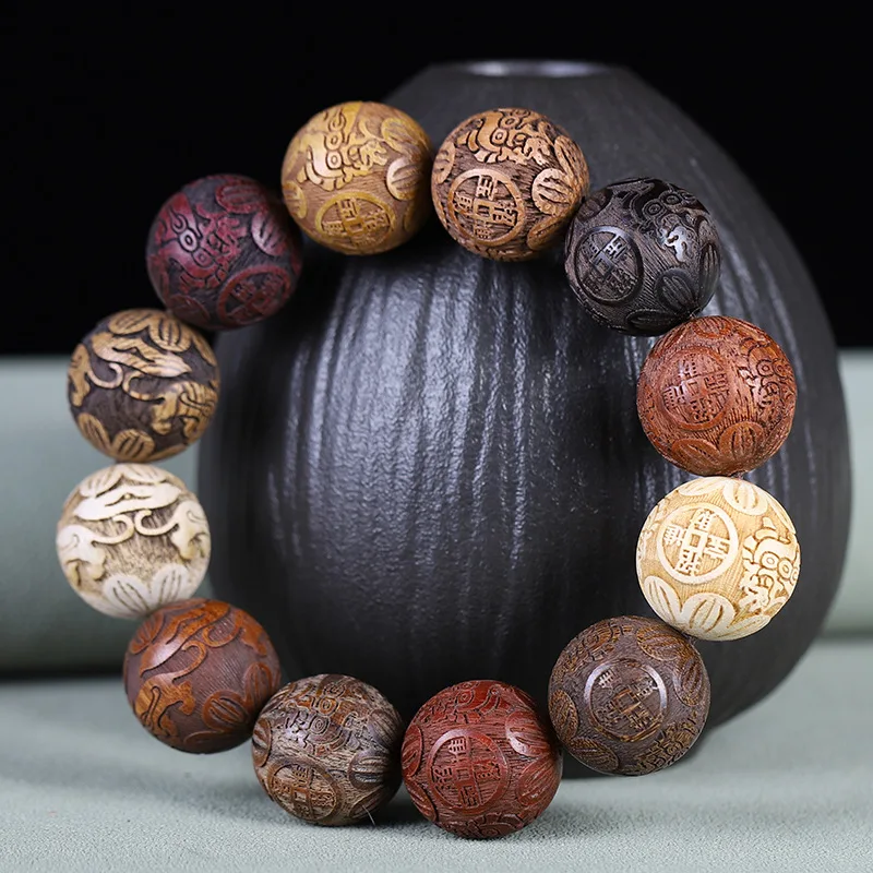 

Duobao Wooden Bead Bracelet, Carved Wooden Buddha Beads, Zodiac Sandalwood Men's and Women's Bracelets, Fashion Jewelry
