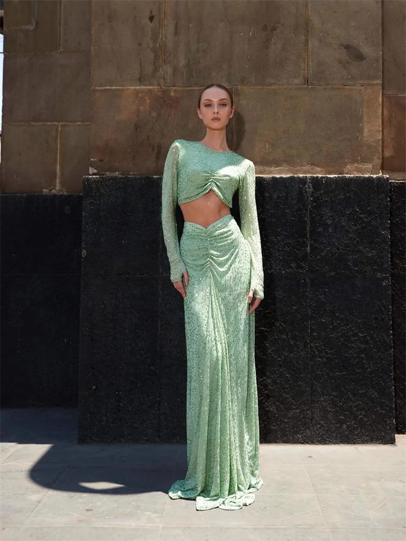 

Glitter Crystals Prom Dress 2 Pieces Skirt Set Full Sleeves Sexy Short Top+Long Party Gown Formal Wedding Birthday Evening Robe