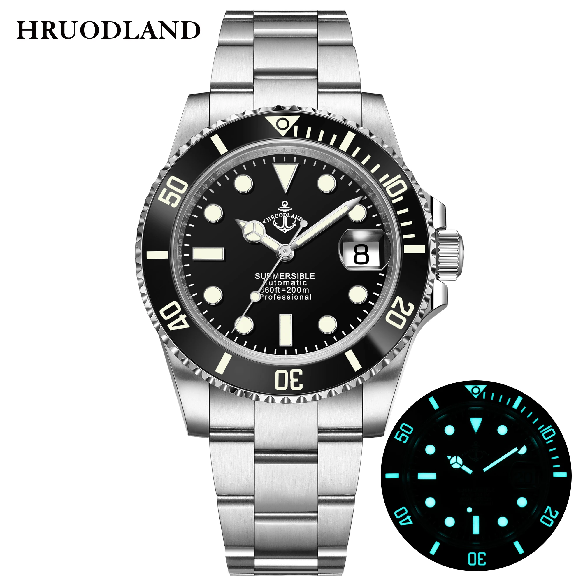 HRUODLAND Automatik Taucheruhr für Herren im U-Boot-Stil PT5000 Mechanisches Uhrwerk Saphirglas 200 m Wasserdicht BGW-9 Leuchtzeiger Datumsanzeige Edelstahlarmband Sportuhr