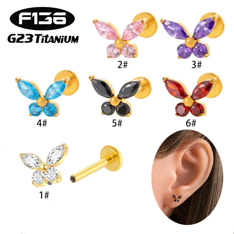 

1PC G23 Titanium Piercing Cartilage Ear Stud Internal Thread Helix Butterfly Colored Zircon Labret Lip Stud 16G Body Jewelry