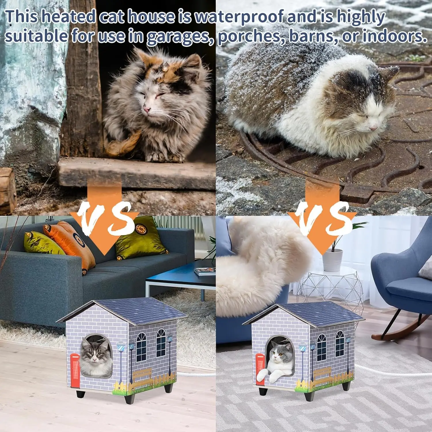 Casa para gatos calentada impermeable con control automático de temperatura, fácil montaje para uso interior/exterior