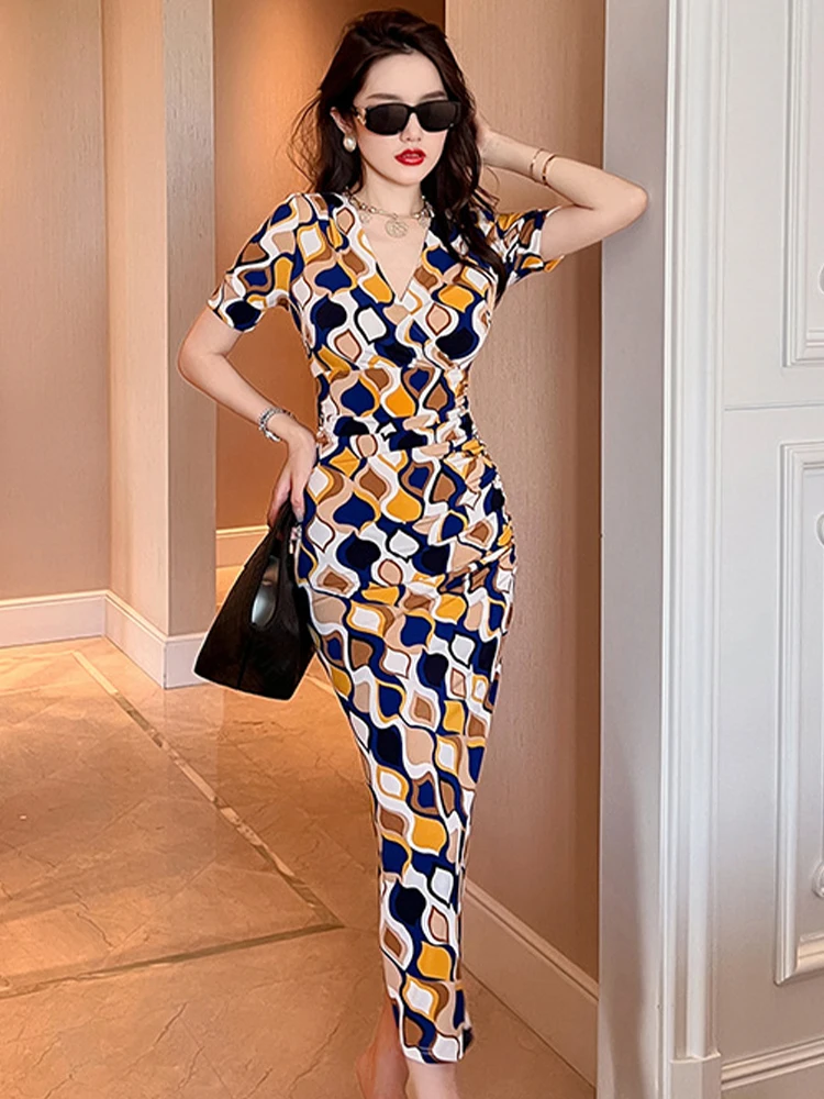 Zomer Jurk Voor Vrouwen 2023 Elegante Casual Kleurrijke Print Korte Mouw Plooien Slit Bodycon Maxi Robe Lady Holiday Street Vestido