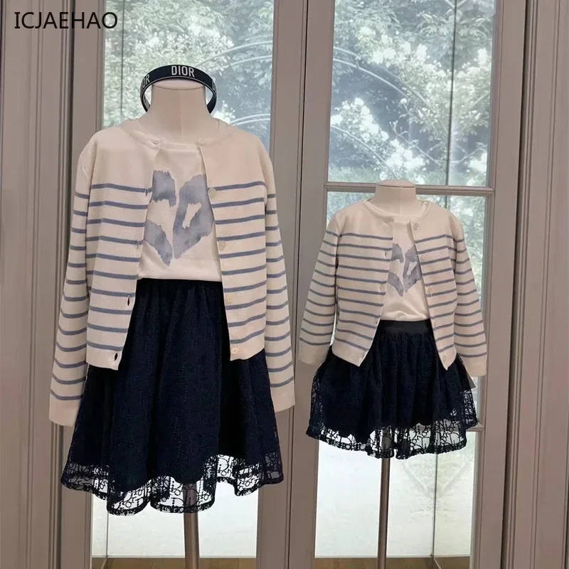 

ICJAEHAO 2024 Children's Girls Salt Striped Cardigan New College Style Long Sleeve Knitwear Embroidered Sweater Clothing Autumn