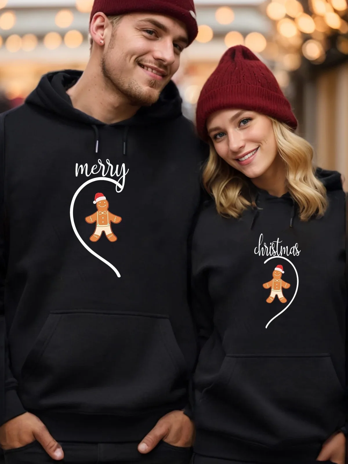 1 STÜCK [Paar-Stil] Lässige Mode Lebkuchen und Liebe Gedrucktes Muster Gleicher Stil Paar Hoodie Lose Valentinstag Geschenk Hoodie