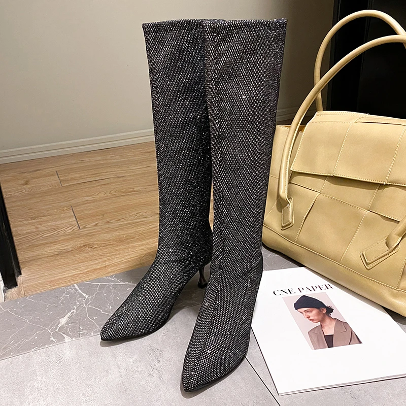 

Women's Fashion Knee-high Boots Autumn Winter New Pointed Full Drill Elastic Cloth Sleeve Temperament High-heeled Boots