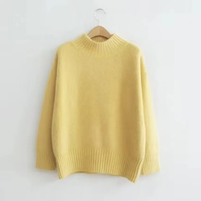JSXDHK New Korean Women Knitted Sweater Autumn Winter Yellow Mink Cashmere Soft Warm Pullovers Casual Loose Stand Collar Tops