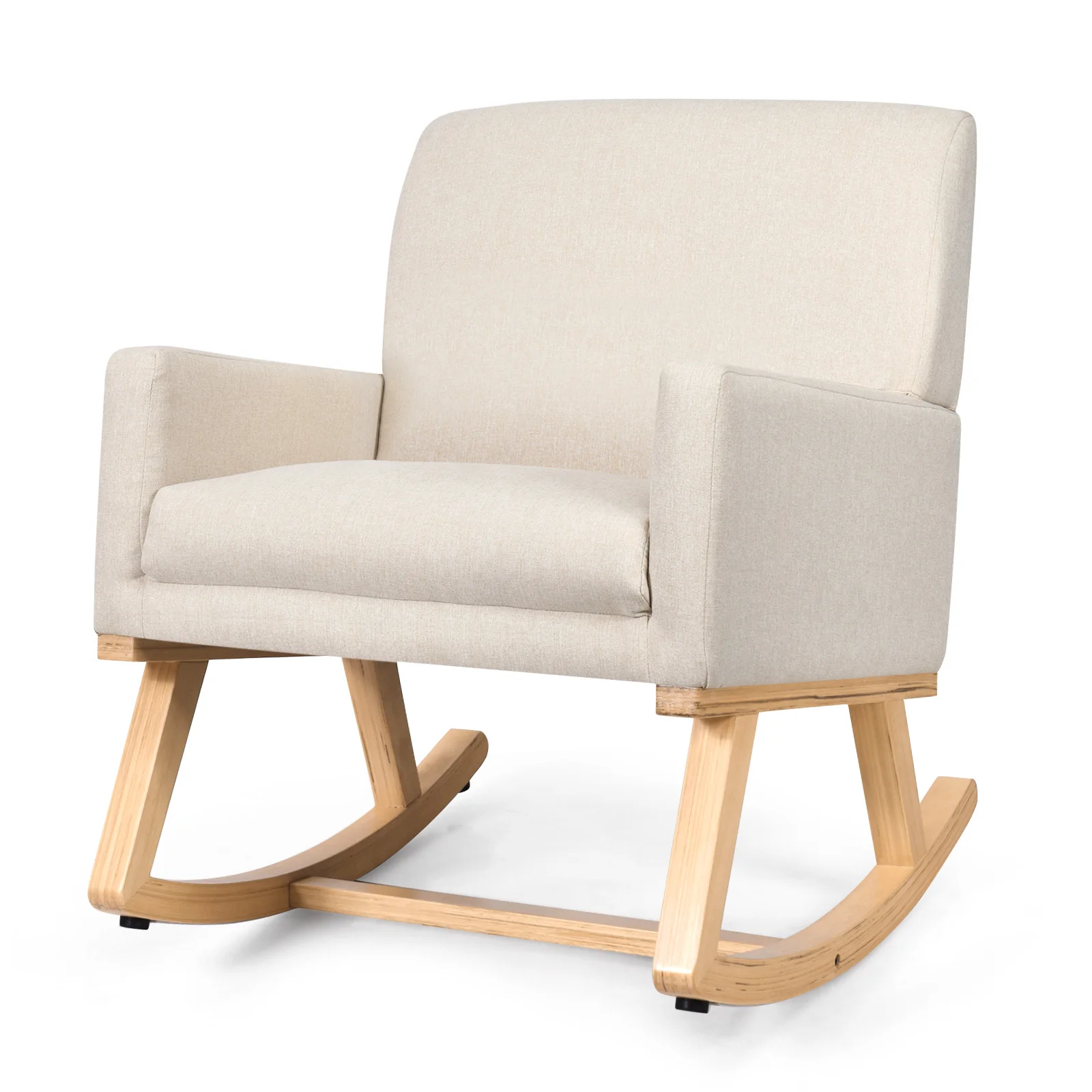 Silla Mecedora, Base de Madera Maciza, Mecedora Lactancia, Asiento Acolchado, Butacas de Salon Dormitorio, 67 x 87 x 85 cm, Beige