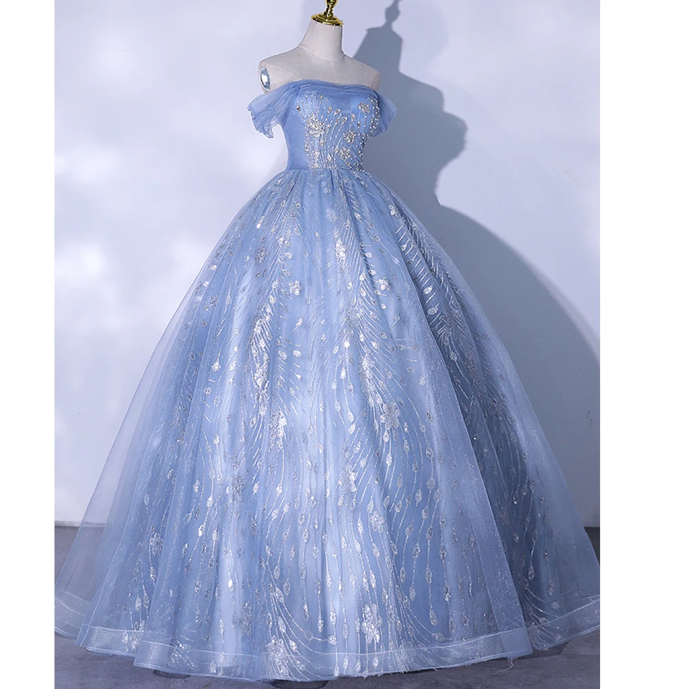 JEHETH Blue Off the Shoulder Prom Dress Lace Appliques Party Gown for Women vestidos de graduación Lace Up robes quinceanera