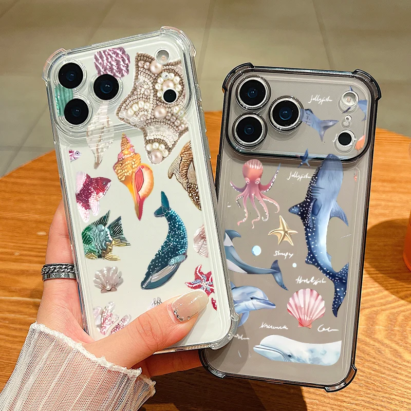 القرش محارة نمط سيليكون جراب هاتف آيفون الهواء 17 برو ماكس 16 15 14 برو ماكس 13 12 برو 11 للصدمات واضح لينة غطاء من البولي يوريثان