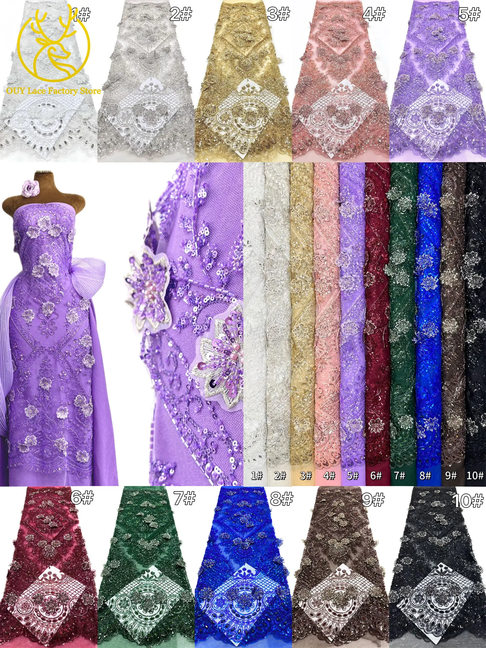 3D-Stickerei Blumen Französischer Mesh-Stein-Spitzenstoff 2026 Afrikanischer Nigerianischer Tüll Perlen-Pailletten-Spitzenstoff für Hochzeitsnäharbeiten – Detail 34