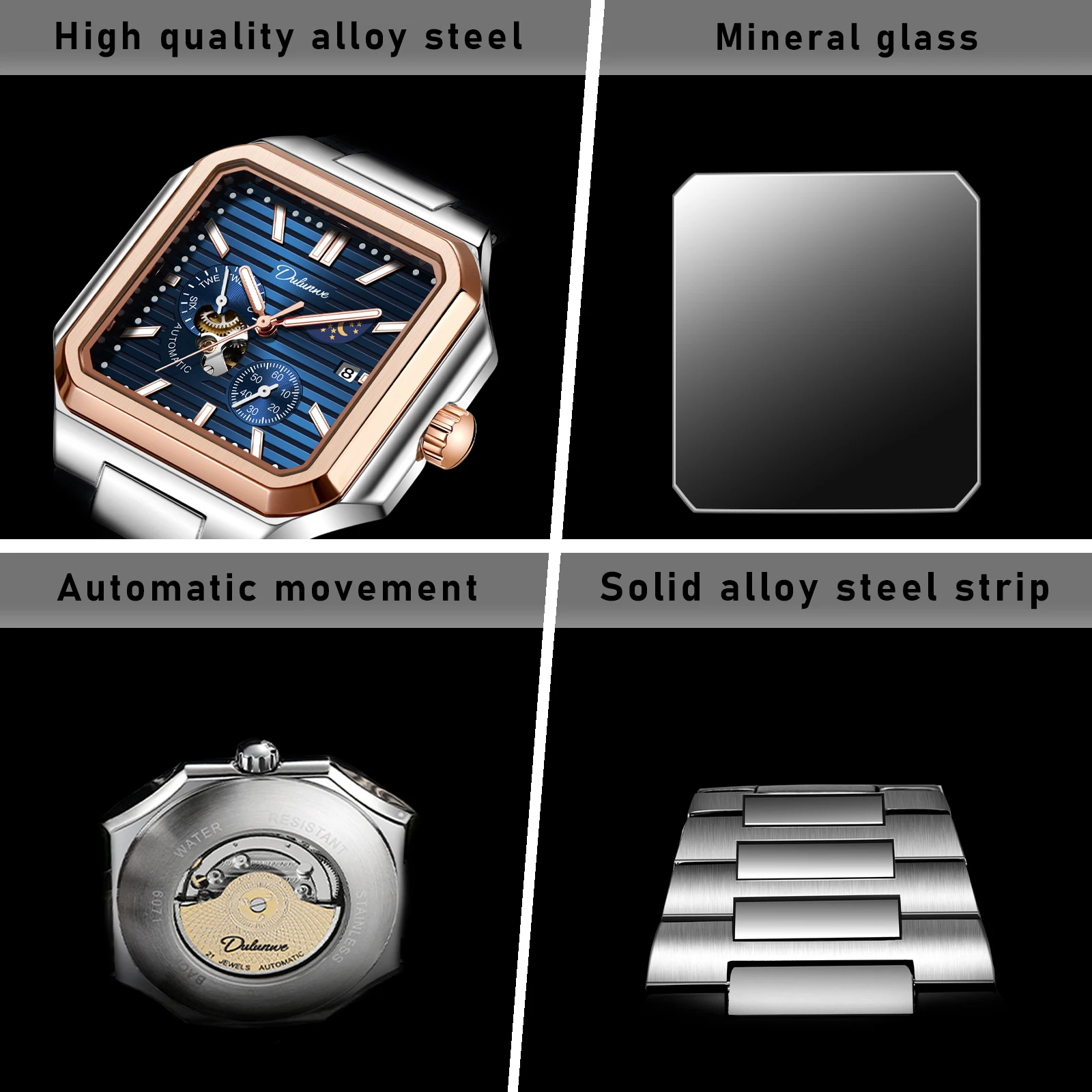 Dulunwe Men's Automatic Watch Square Mechanical Self-winding