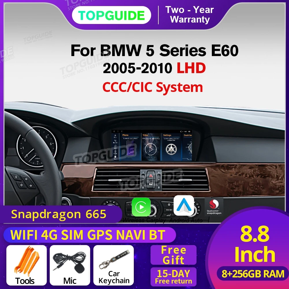 TOPGUIDE 8.8 Inch Android 12 GPS HU Car Radio For BMW 5 Series E60 CCC CIC System Carplay Auto Stereo Multimedia Player 4G Wifi 