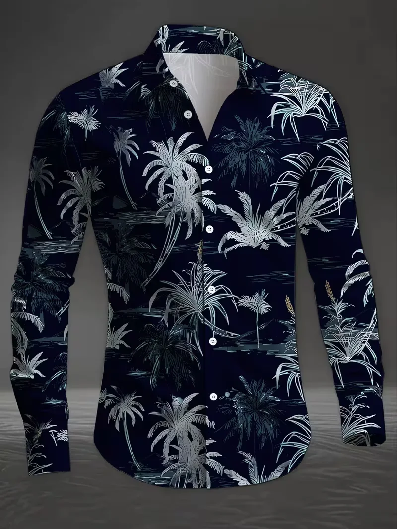 New men's long sleeved shirt with casual lines, floral retro long sleeved shirt, button up lapel men's shirt