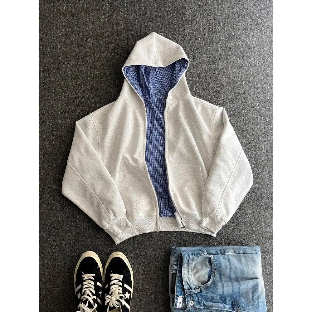 Ay – Cardigan ouvert à capuche pour hommes, vêtements Double face, à carreaux, coupe ample, pour jeunes, Long, fermeture à glissière, automne