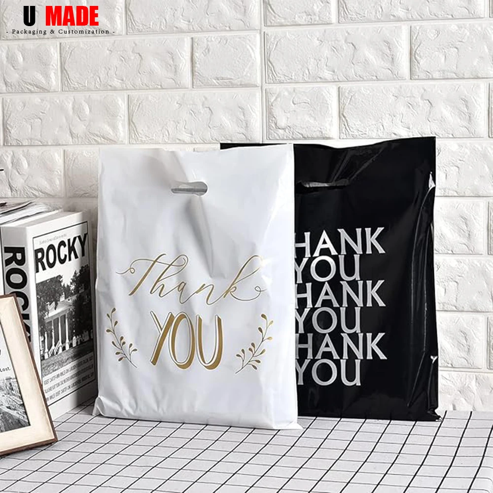 100pcs Custom Plastic Shopping Bags with Logo Personalized Gift Bags for Small Business Boutique Retail Trade Shows Events Party