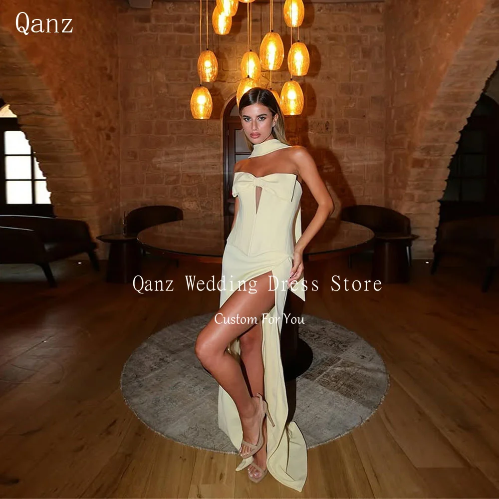 

Qanz Yellow Mermaid Evening Dresses Mermaid Sexy High Slit Satin Vestidos De Fiesta Elegantes Large Bow Prom Dress Customized