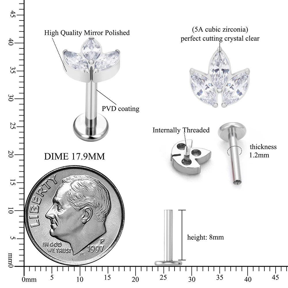 G23 Titanium PIERC Labret Earring Thread 3 Marquise CZ Paved Top Cartilage Tragus Ear Lip Stud Helix Pircing Body Jewelry Unisex view 6