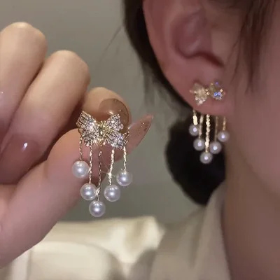 

Paved Bow Pearl Tassel Earrings, Niche Design, Elegant Minimalist Jewelry