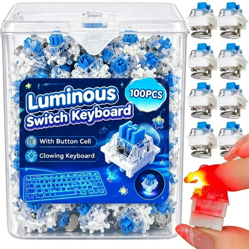 4/100Pcs Luminous Switch Fidget Clicker DIY Light Up Keycap Handmade Blue Switch Stress Relief Creative Keyboard Keychains Parts