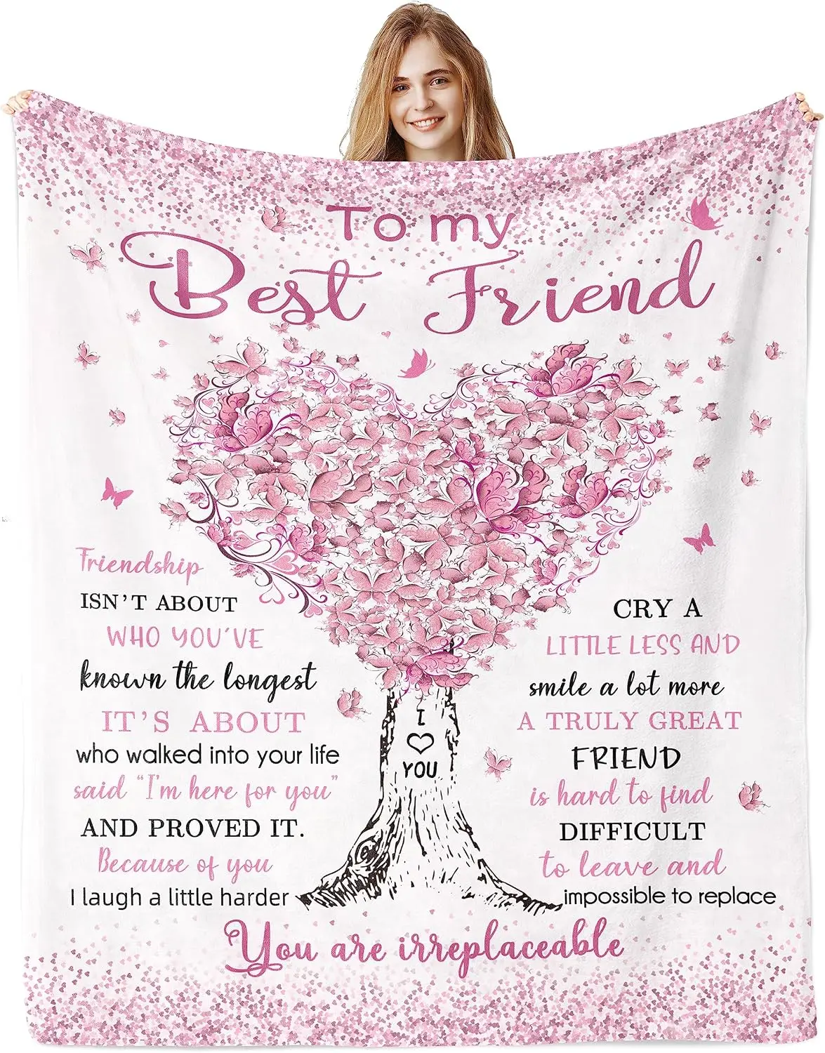 Pink Best Friend Floral Tree Throw Blanket, Friendship Quote Printed Blanket with Heart Shaped Blossom Design, Lightweight Decorative Couch Throw for Sofa Bedroom Living Room, Romantic Pink Home Decor, Heartfelt Gift for Best Friend, Birthday Holiday Gift