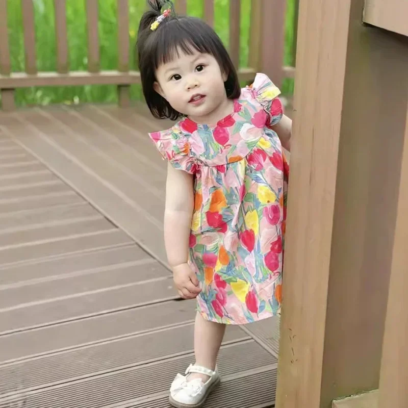 Toddler Baby Girl Floral Loose Dress Short Sleeve Square Neck Dress Princess Children Lovely Bow Front Dress Clothes