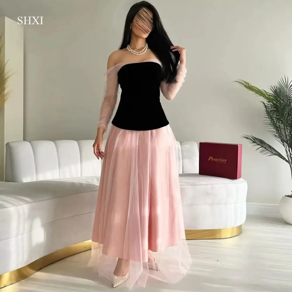 

SHXI Elegant Black Top Prom Dresses Customized Off Shoulder Velvet Tulle Mermaid Formal Party Gown Saudi Arabric Pink Prom Gown