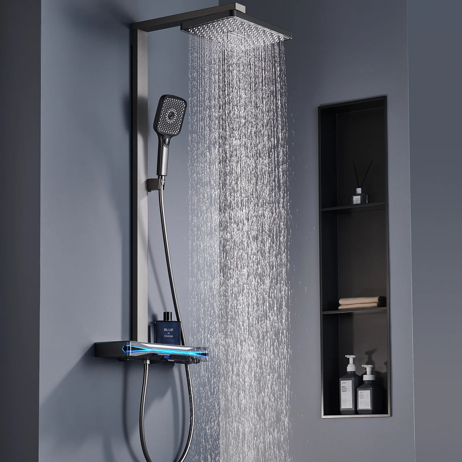 Three-function Thermostatic With Storage Ambient Light Square Tube Bathroom Surface Shower Gun Gray Wall Shower Set
