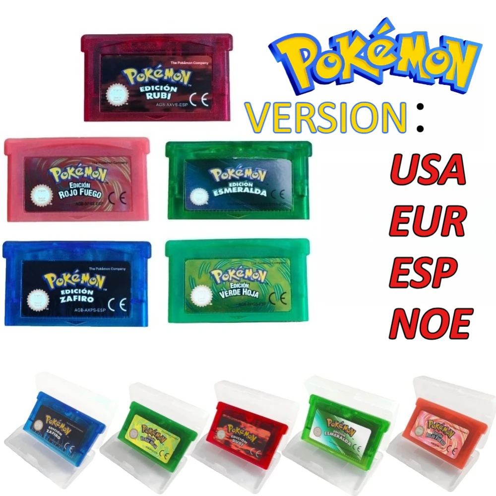 2026 New 32Bit Pokémon GBA Game Card Emerald FireRed LeafGreen Ruby Sapphire Shiny Label Multi Version NOE/FRA/ESP/USA