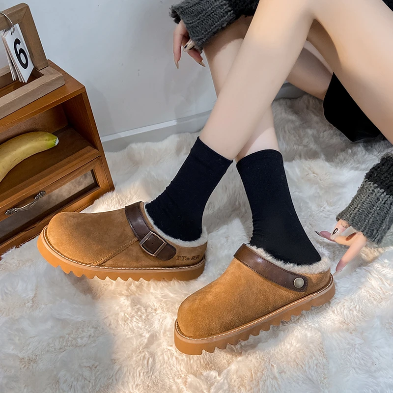 Fur Suede Slipper For Women Fashion Winter Slippers Cork Footbed Plush Short Plush Potato Shoes Outdoor zuecos mujer