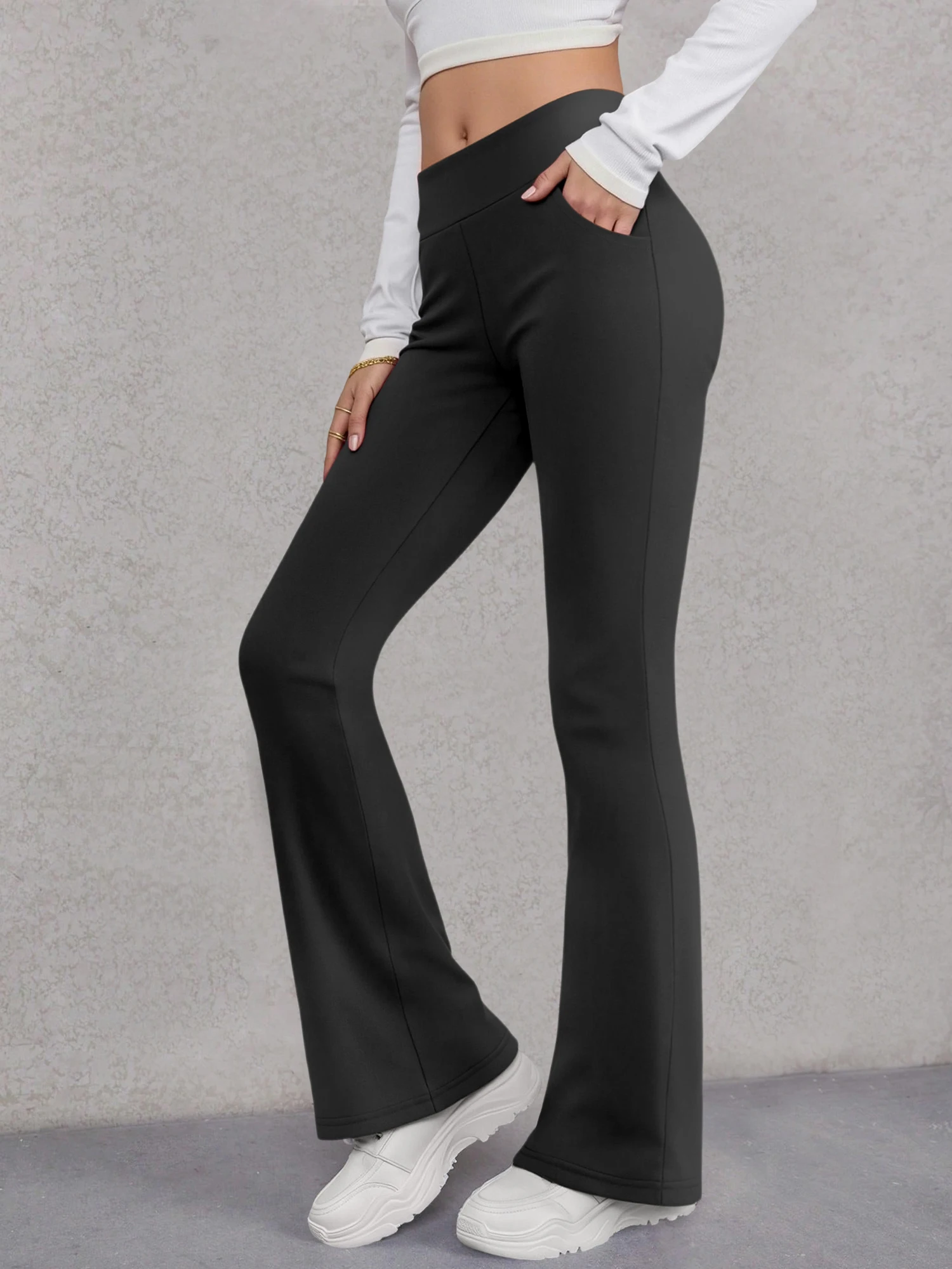 Streetwear High-Waist Flare-Hosen für Damen, dehnbare Bootcut-Leggings, Hip-Hop-Trendy-Schlaghosen mit Taschen für den Alltag. – Detail 6