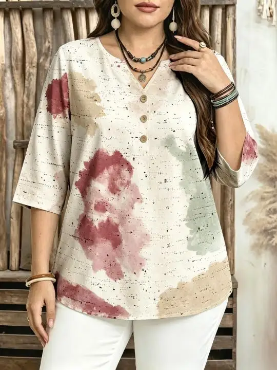 Women Vintage Mottled Tie‑Dye Block Print Blouse Notched Neck 3/4 Sleeve Loose Fit For Curvy Figures Daily Casual Tops