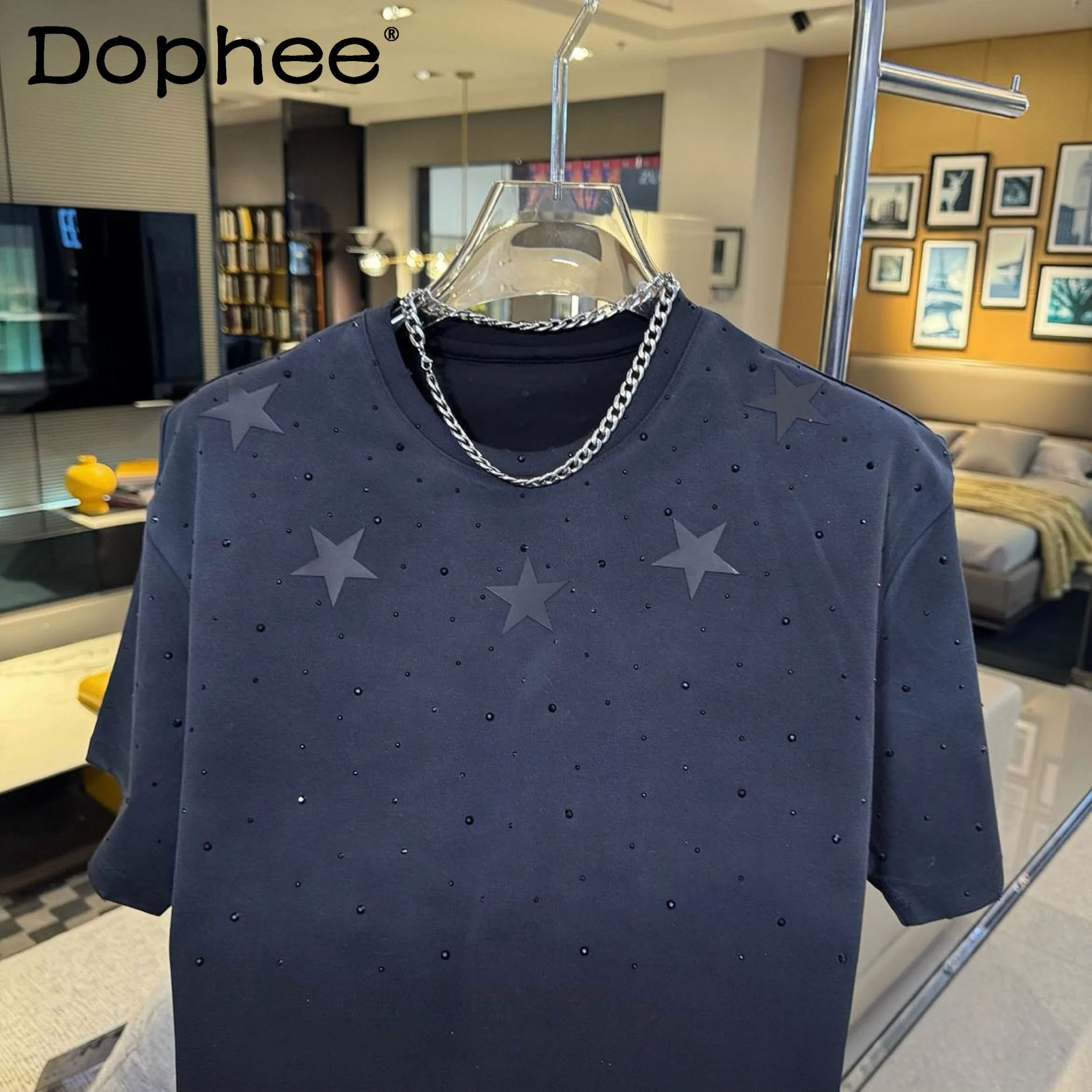 

Korean New Summer Heavy Industry Hot Diamond Loose Round Neck Short-sleeved Men's Fashion Casual Comfortable Handsome T-shirt