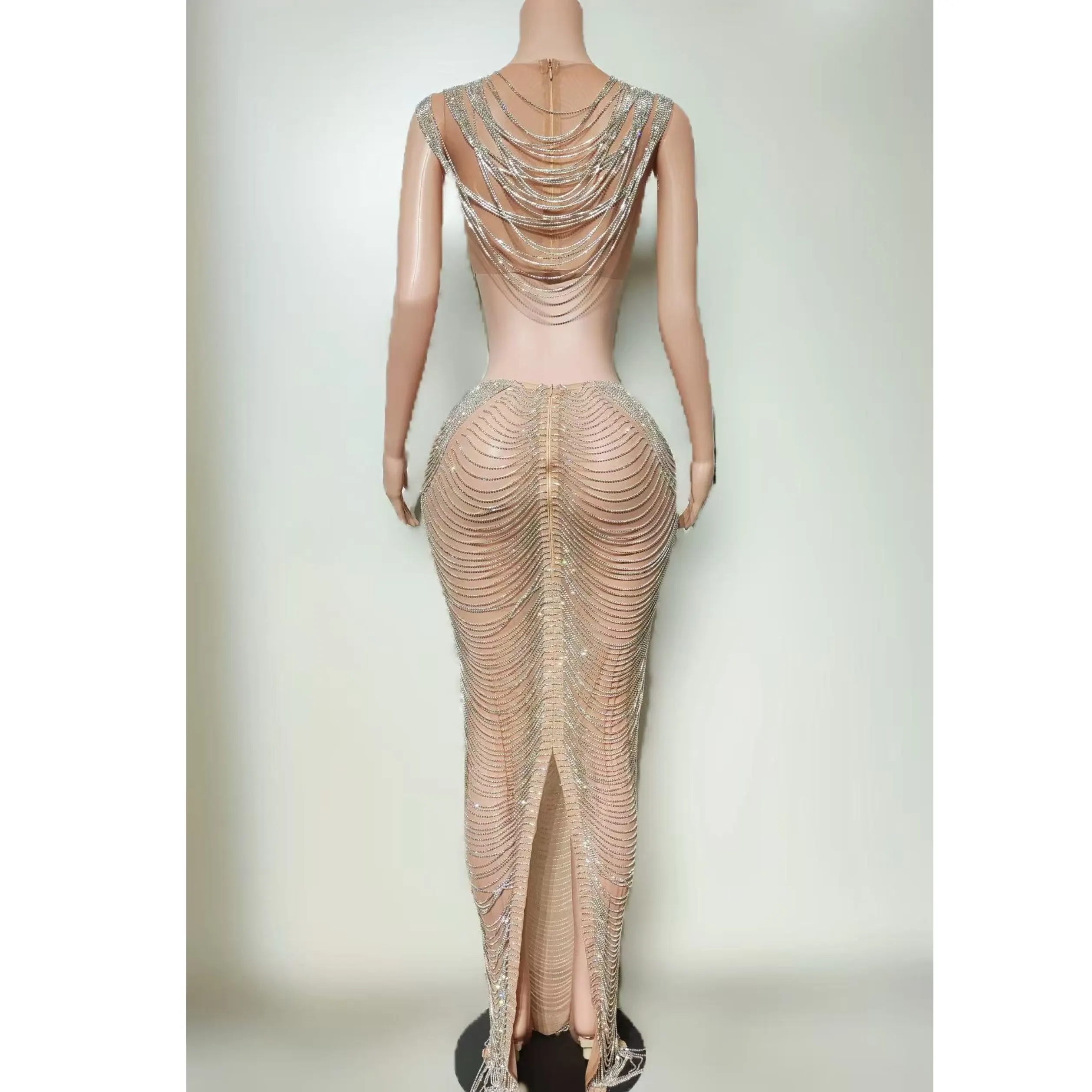 2025 Sexy Stage Costumes Perspective Mesh Chain Dress Nightclub Bar Dj Performance Singer Gogo Dancers Festival Clothes DN20819