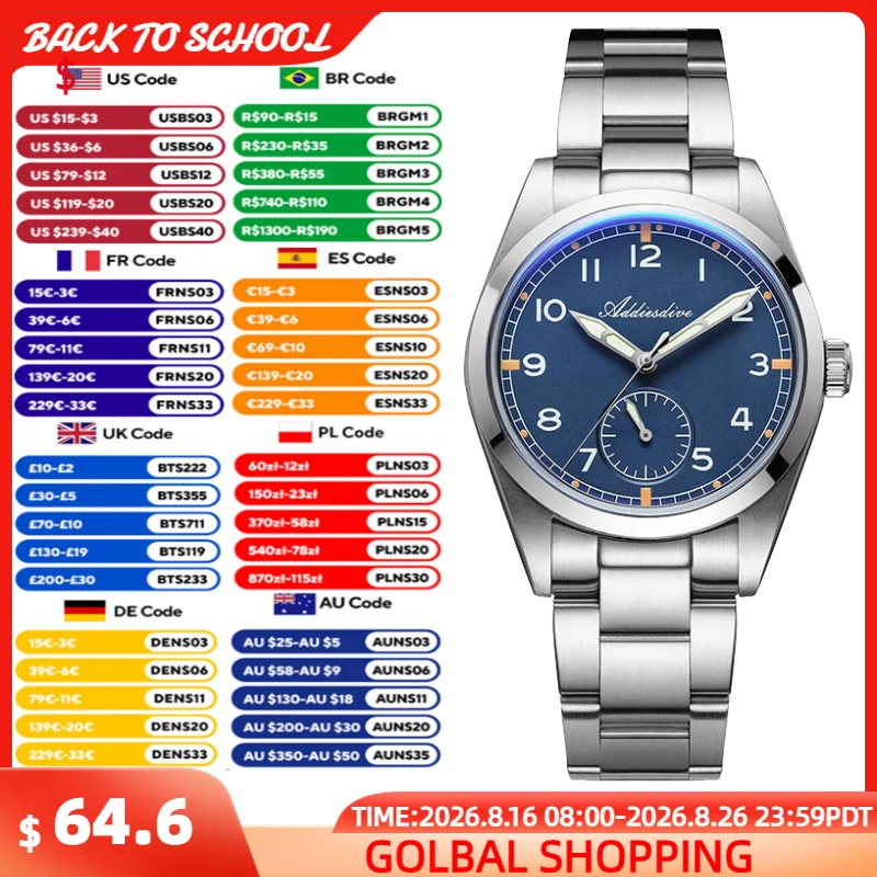 Stainless Bracelet Diver - ساعة كوارتز رجالية من ADDIESDIVE مقاس