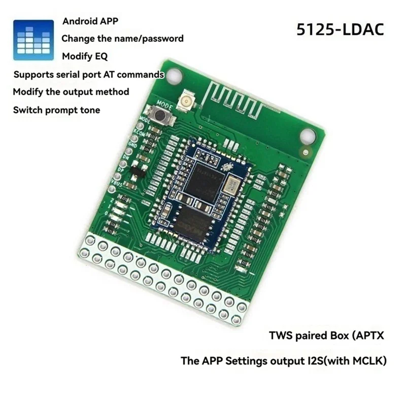 B44C QCC5125 Bluetooth 5.1 Stereo Audio Module DC 3.6-5.5V LDAC Lossless I2S Output APTX/APTXLL/APTXHD Module